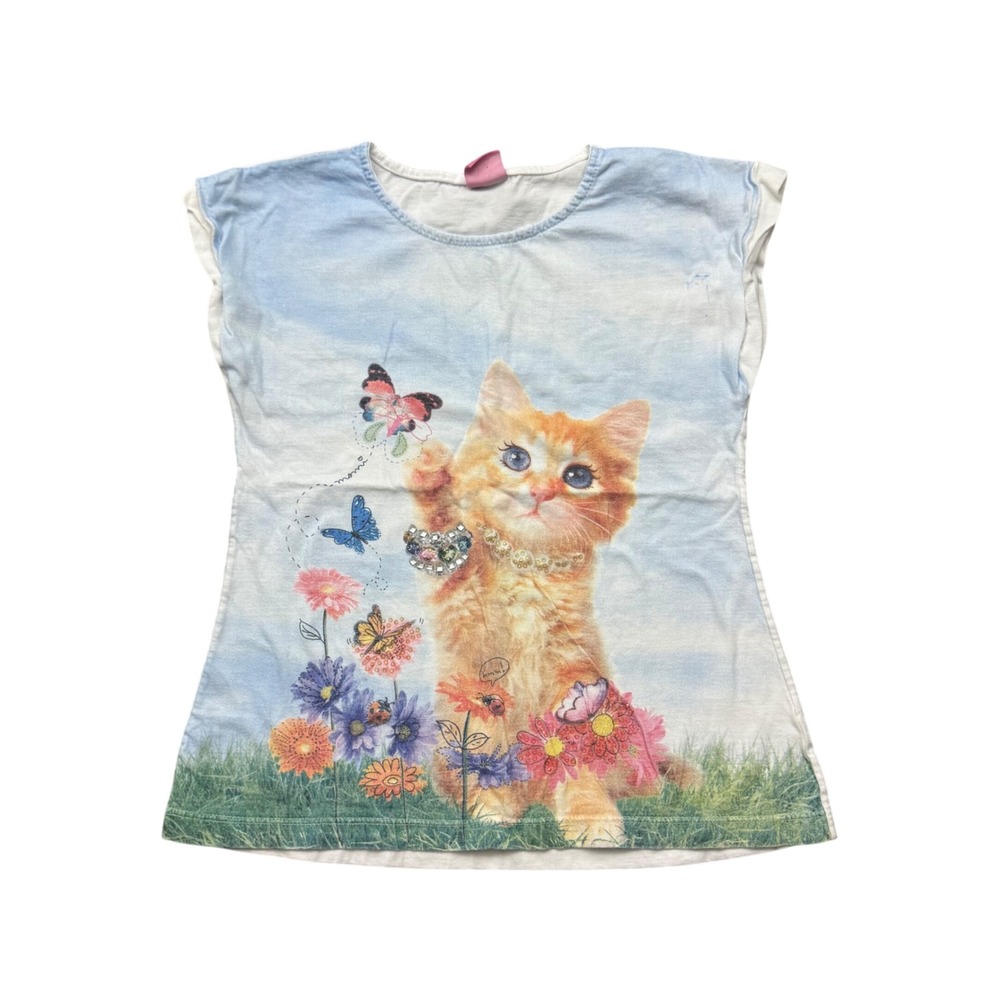 Kitten Cat Butterfly Floral Rhinestone Kids Top T-Shirt Sz 10